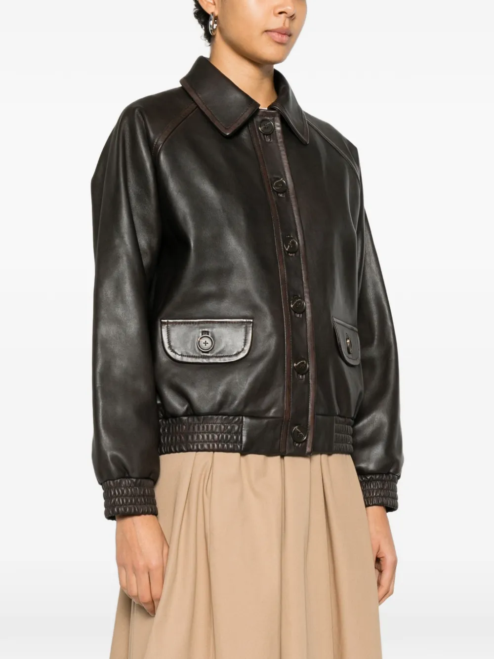  Maje Buttoned Leather Jacket - Brown 