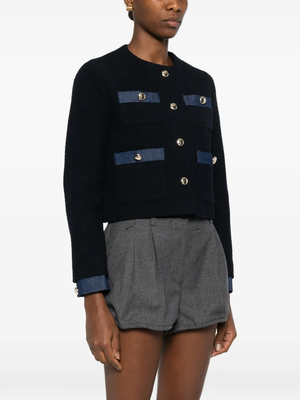 Maje Tweed jack verfraaid met knopen en zak Blauw
