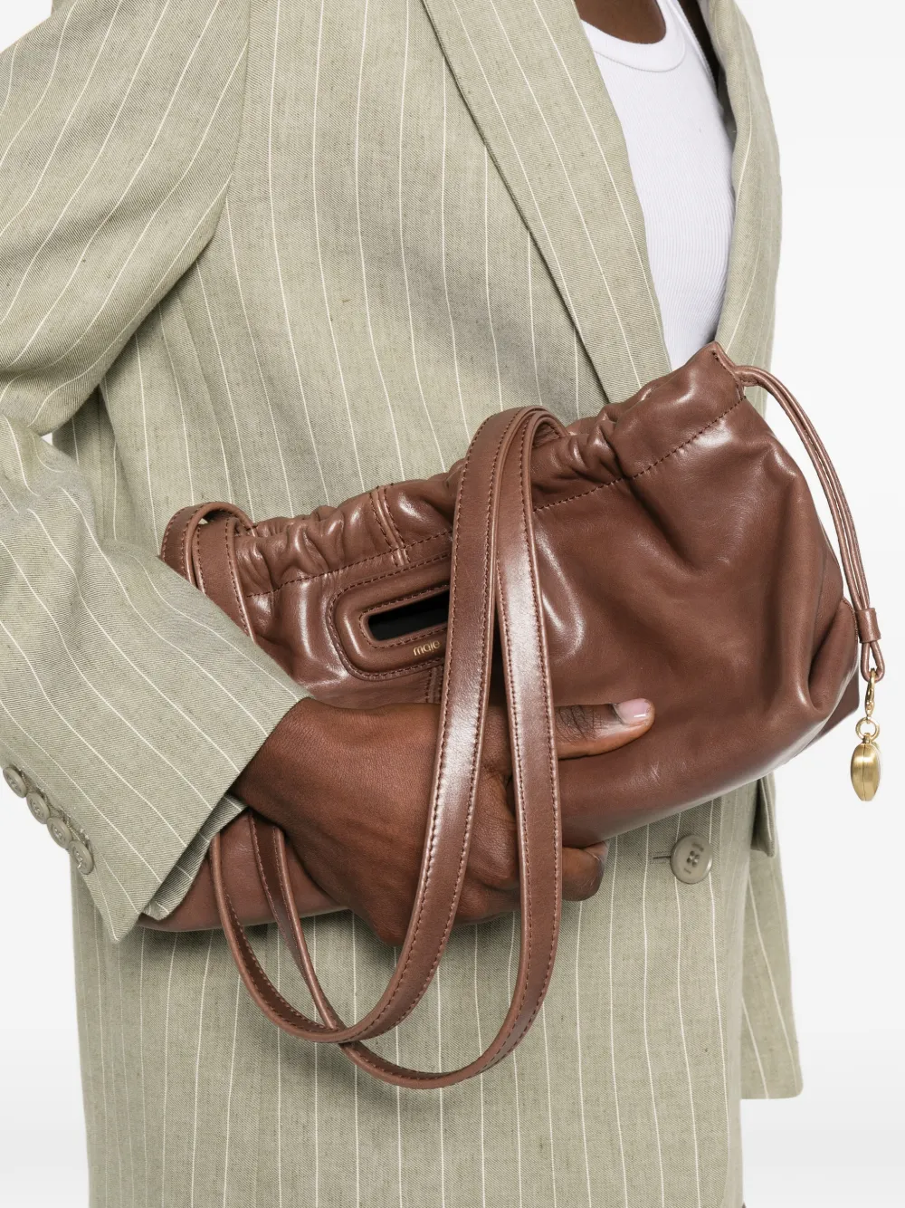  Maje Gathered Leather Shoulder Bag - Brown 