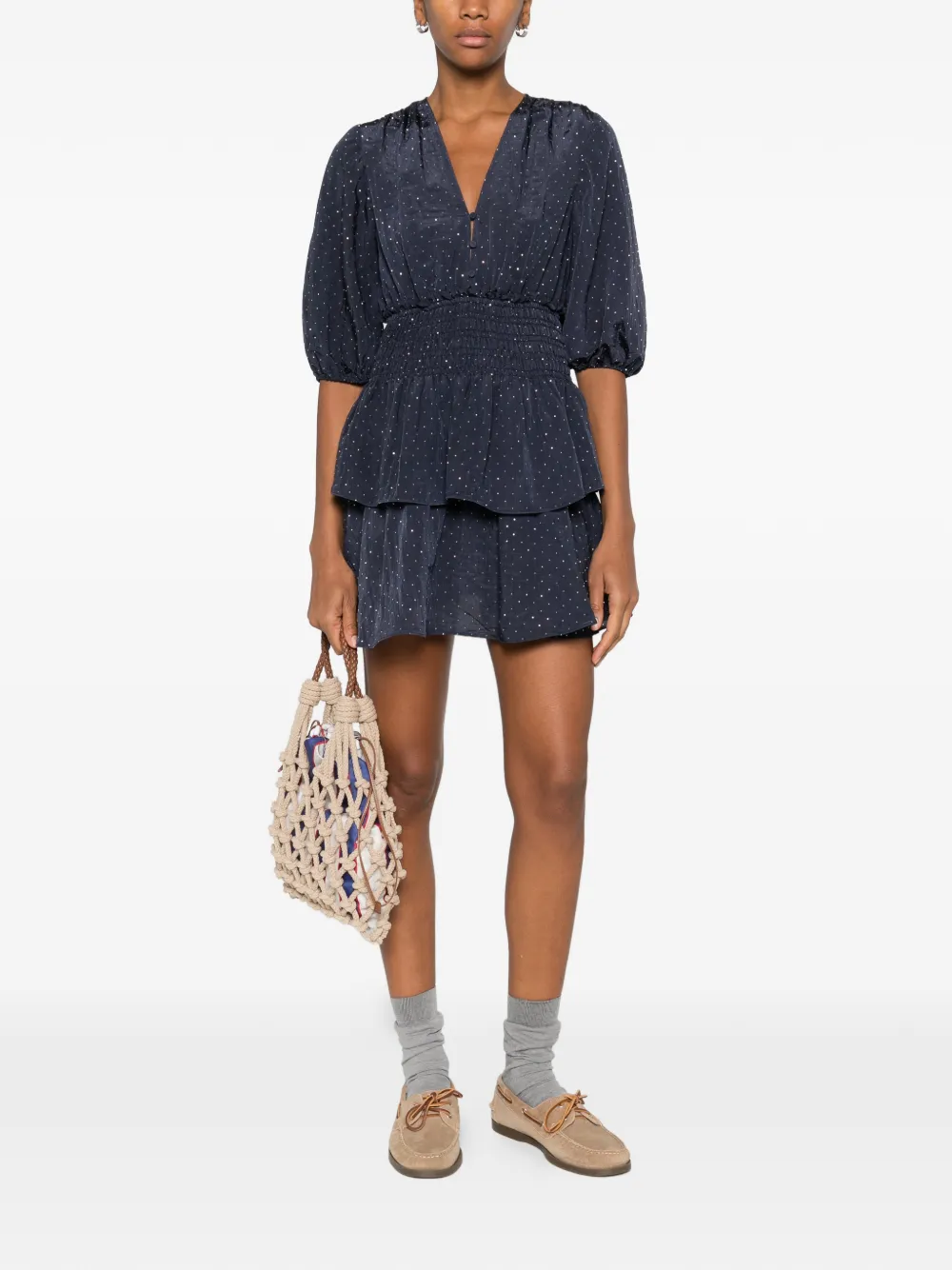 Maje Jurk verfraaid met kristallen en V-hals - Blauw