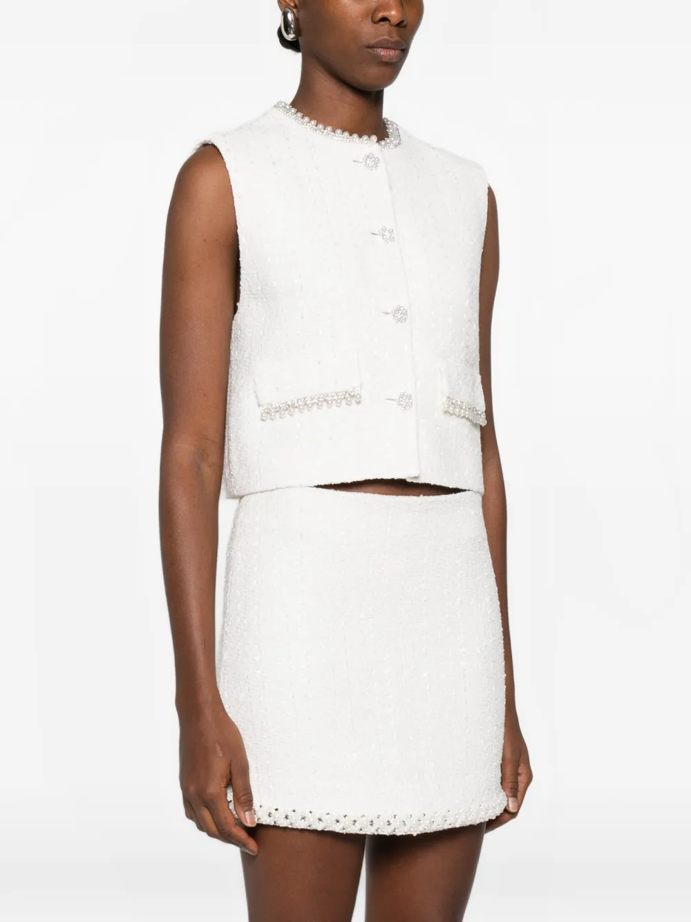 Maje Womens Ecru Sleeveless Bead-embellished Tweed Jacket In White