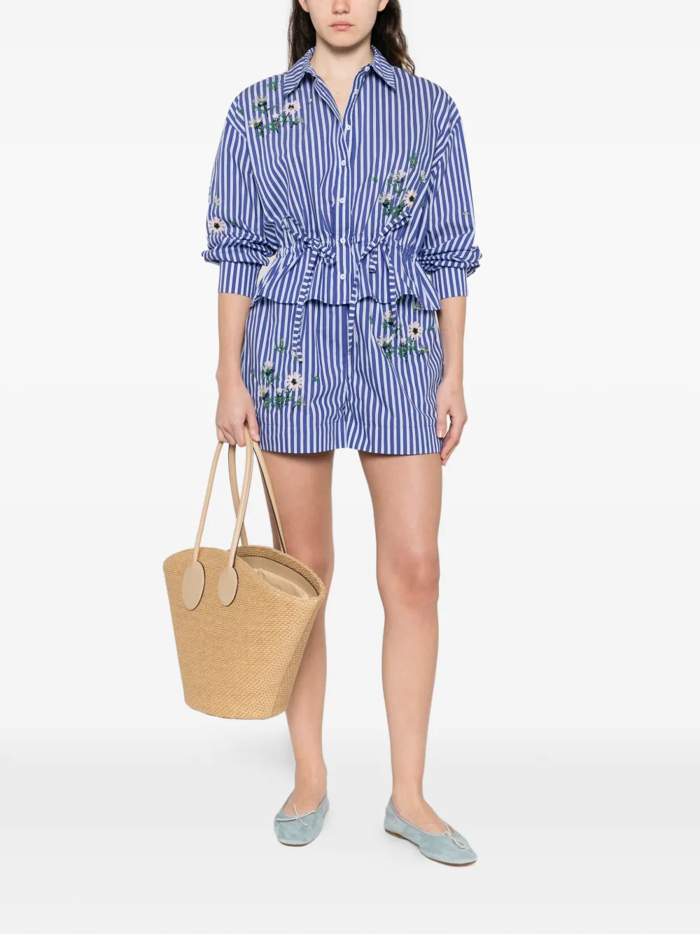 Floral-Embroidered Striped Shirt