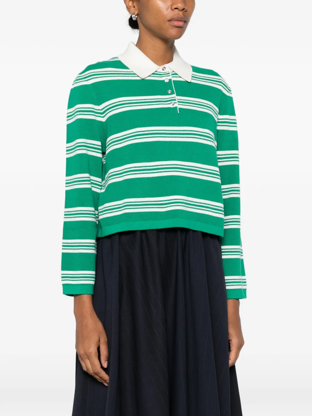  Maje Striped Long-sleeve Polo Top - Green 