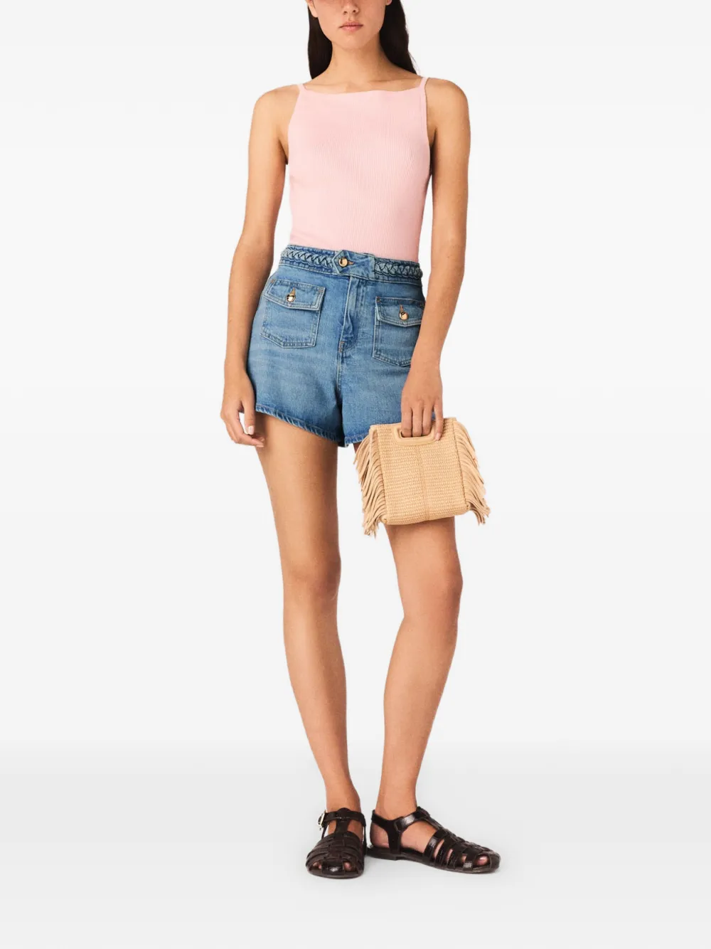 Maje Denim shorts met gevlochten afwerking en zak Blauw