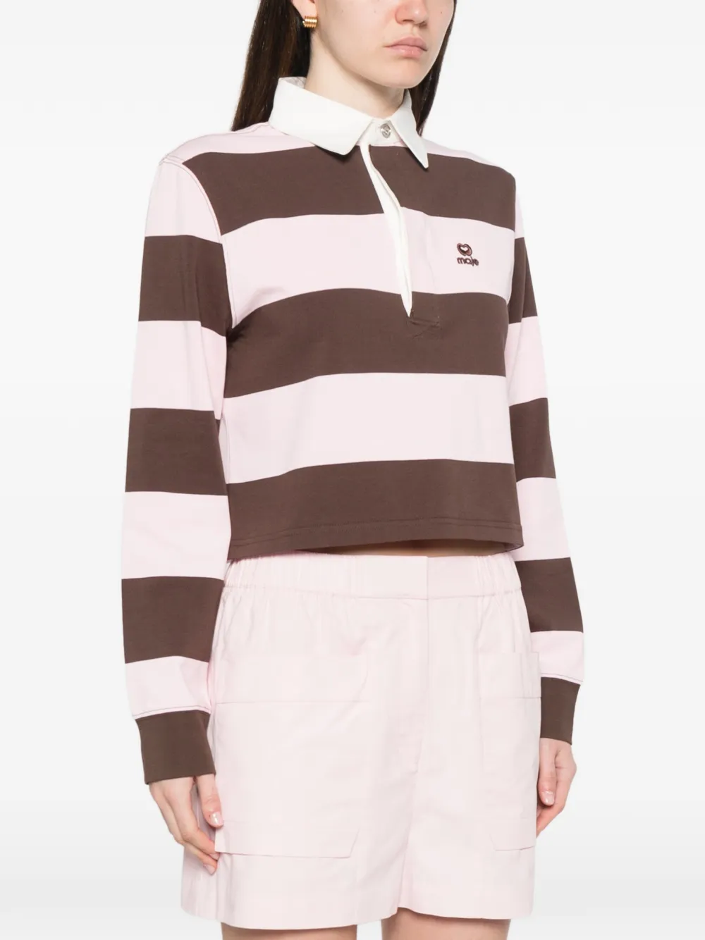  Maje Striped Cropped Polo Top - Brown 
