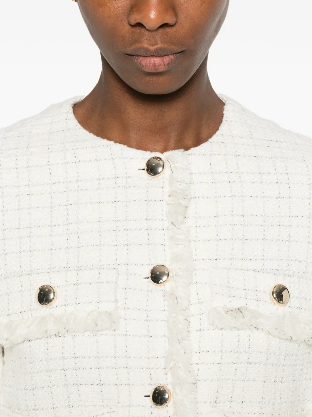 Maje Tweed jack met knopen en franje Beige