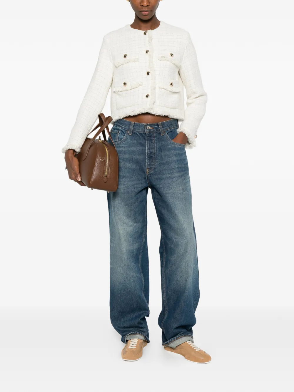  Maje Fringed Buttoned Tweed Jacket - Neutrals 