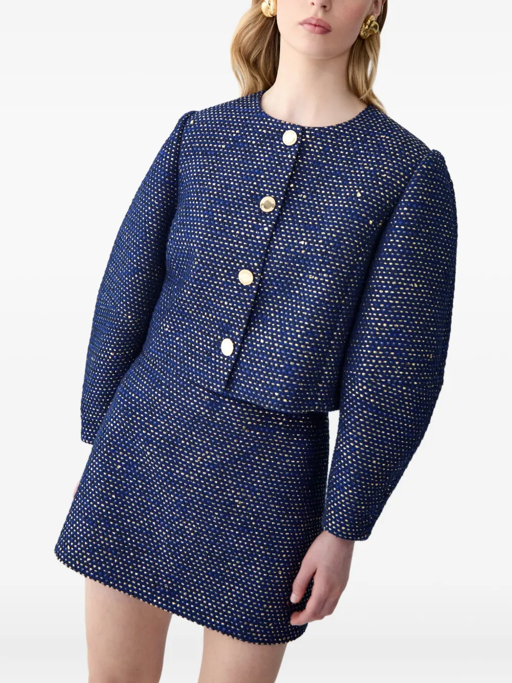  Carolina Herrera Arc-sleeve Lurex Tweed Jacket - Blue 