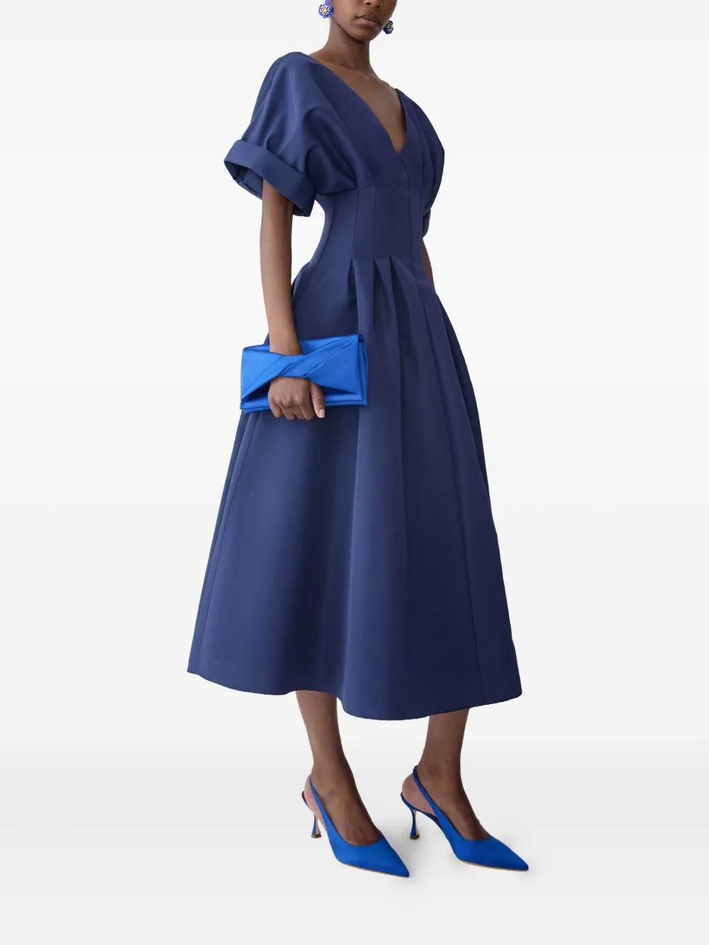 Carolina Herrera V-neck Pleated Short-sleeve Midi Dress In Blue