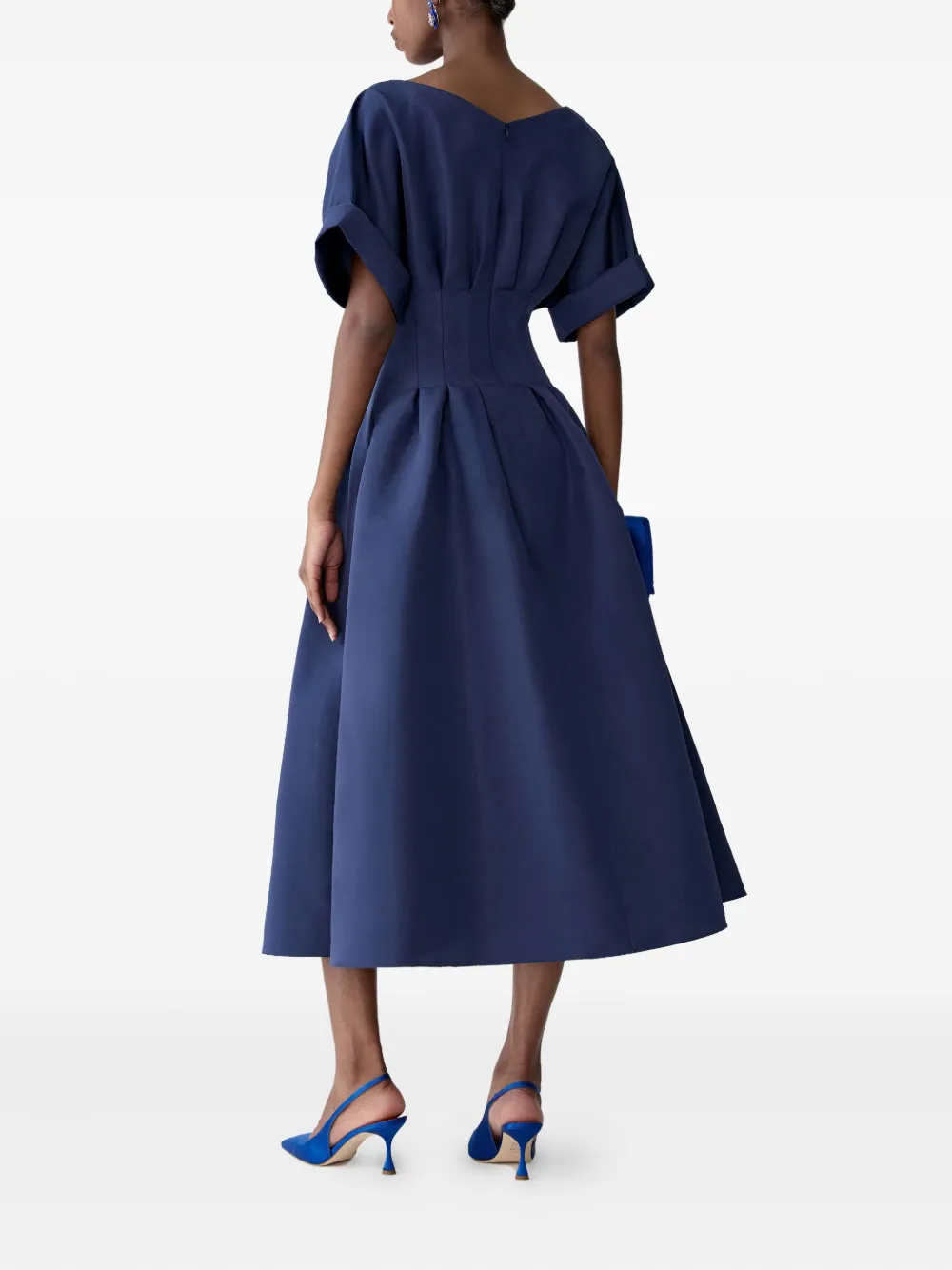 Carolina Herrera V-neck Pleated Short-sleeve Midi Dress In Blue