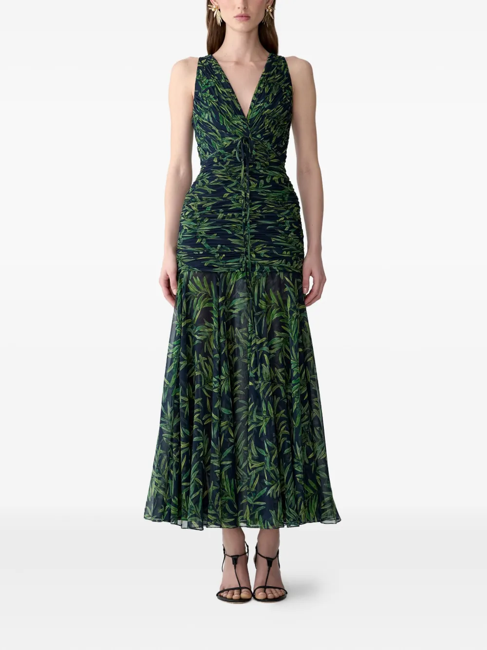 Carolina Herrera Gesmockte midi-jurk met olijftakprint - Blauw