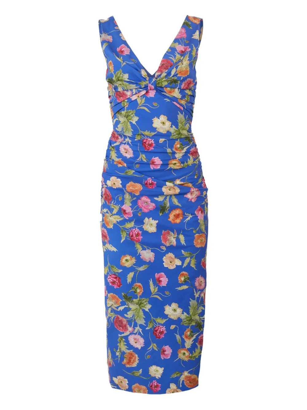 Carolina+Herrera+robe+mi-longue+froncee+à+fleurs+-+Bleu