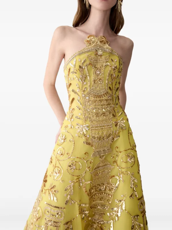 carolina herrera gold dress Carolina Herrera Gold Embellished Deep V-Neck Dress
