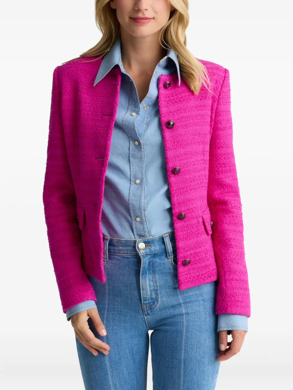  St. John Buttoned Tweed Jacket - Pink 