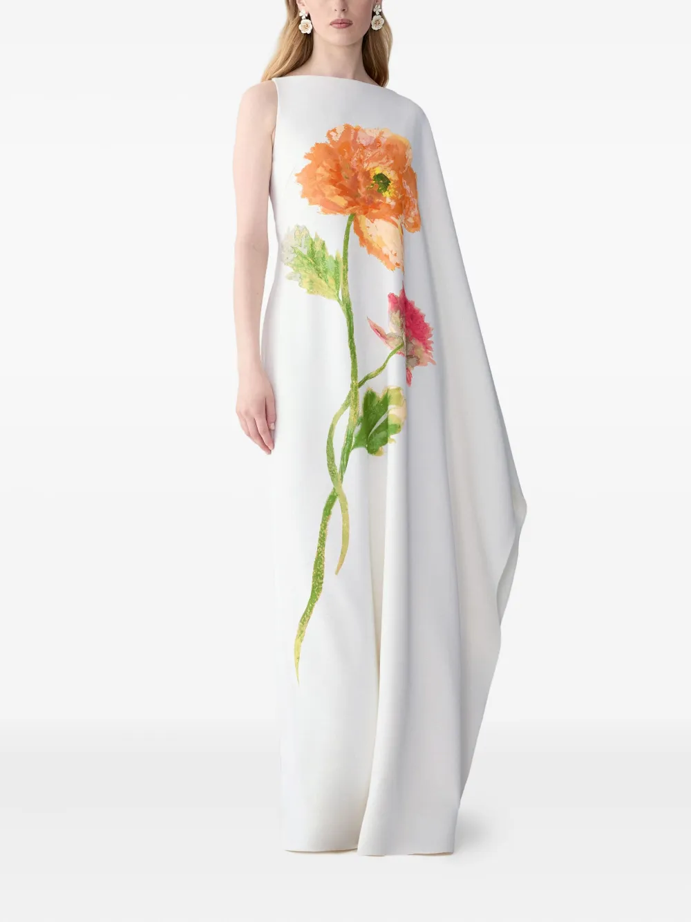 Carolina Herrera Cape-abendkleid Mit Mohn-print In White