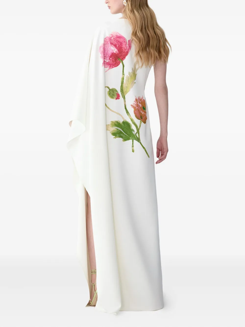 Carolina Herrera Cape-abendkleid Mit Mohn-print In White