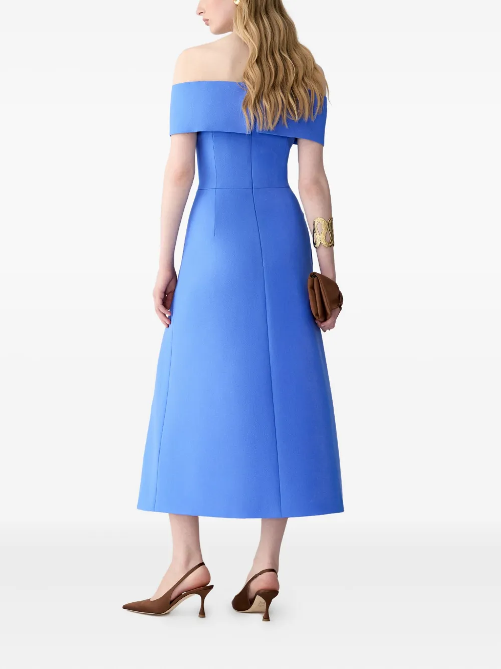 Carolina Herrera Off The Shoulder Stretch Wool Midi Dress In Blue