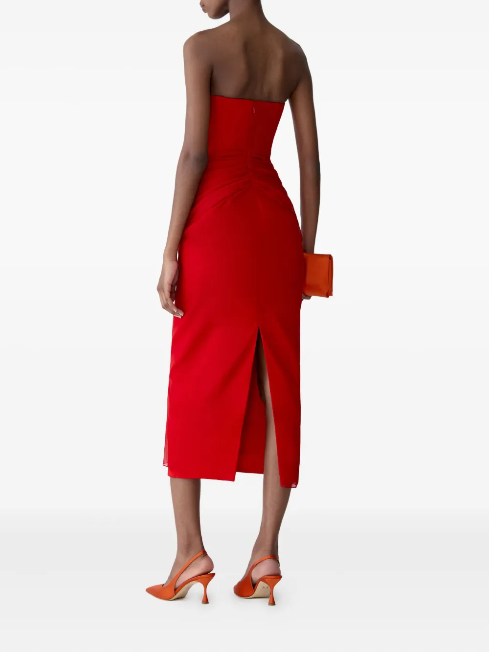 Carolina Herrera Strapless Draped Midi Silk Dress In Red