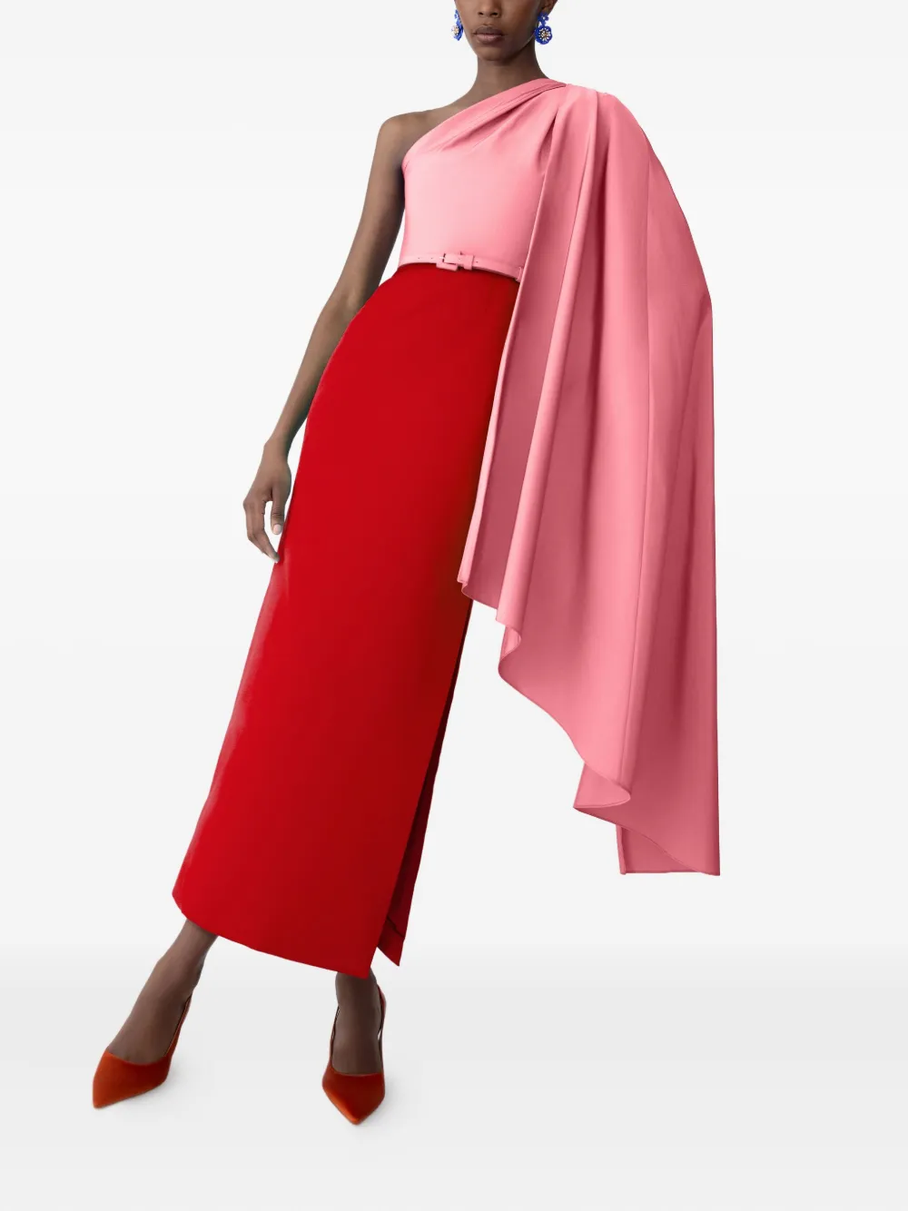 Carolina Herrera Colour-block Detachable-cape Midi Dress In Red