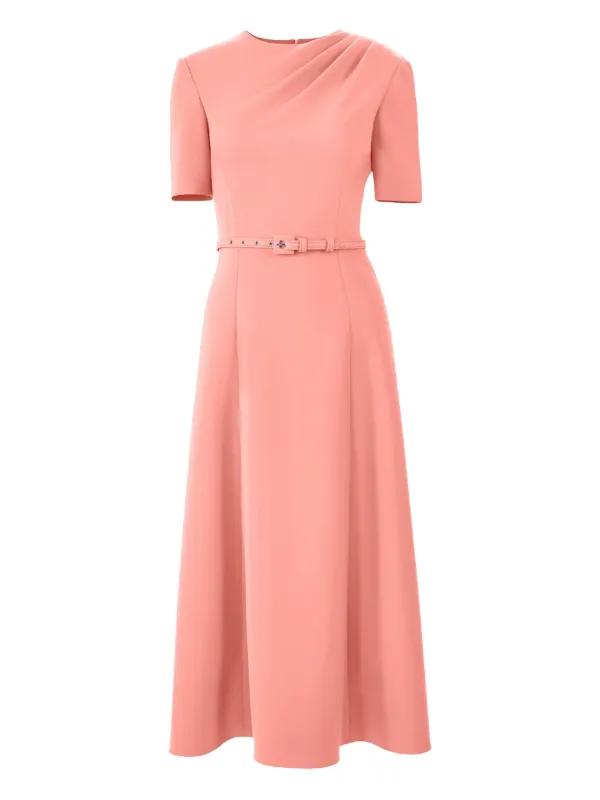 pink belted midi dress Luxe Blooming Elegance Belted Midi Dress