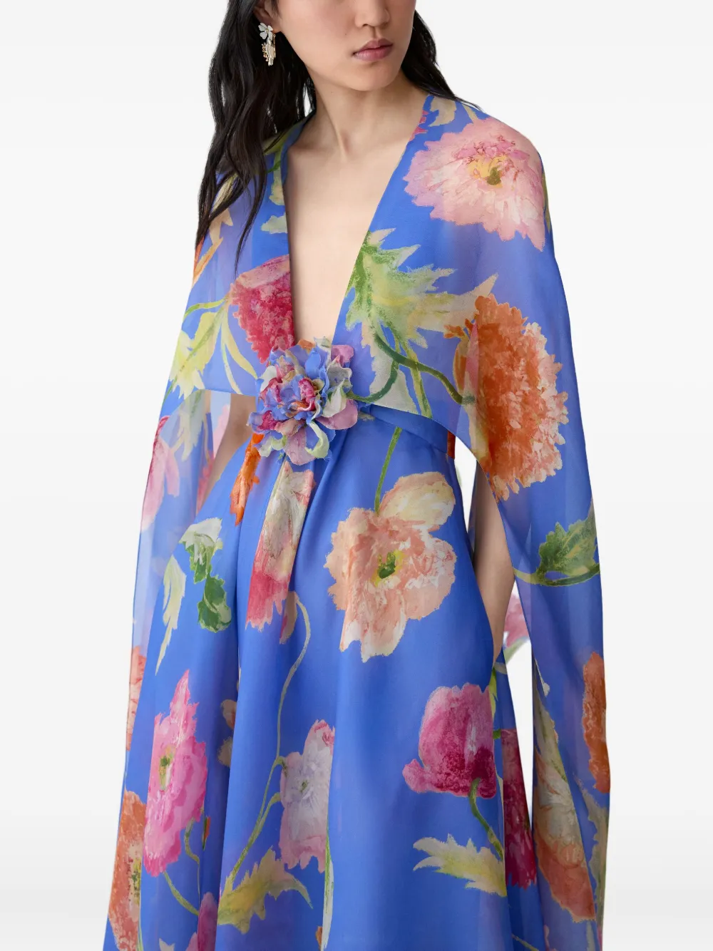 Carolina Herrera Organza avondjurk met cape en klaprozenprint Blauw