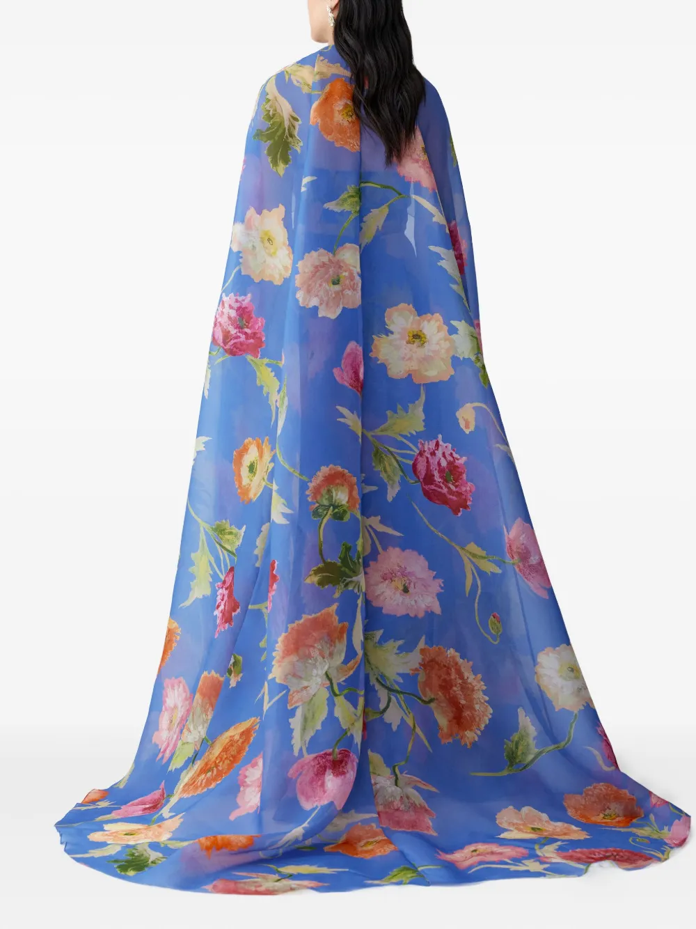 Carolina Herrera Organza avondjurk met cape en klaprozenprint Blauw