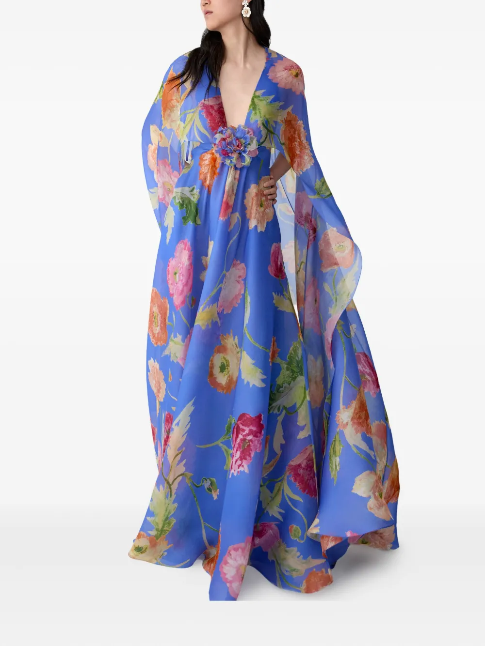 Carolina Herrera Organza avondjurk met cape en klaprozenprint Blauw