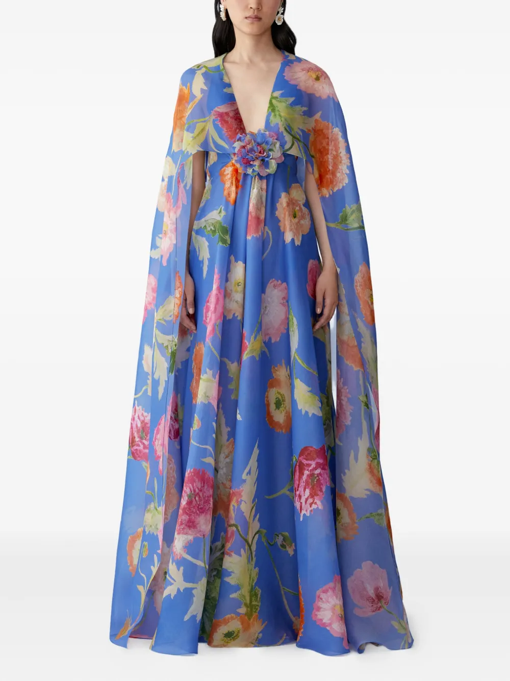 Carolina Herrera Maxi-jurk met klaprozenprint en cape - Blauw