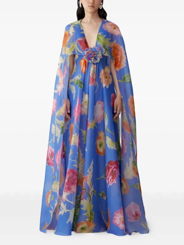 Carolina Herrera Poppy-Print Organza Gown With Cape
