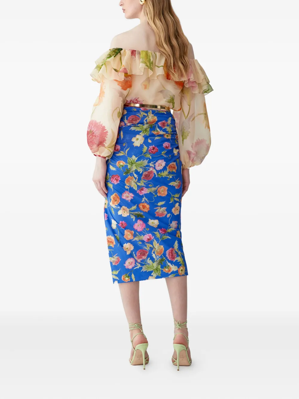 Carolina Herrera Midi-rok met klaprozenprint en ruches Blauw