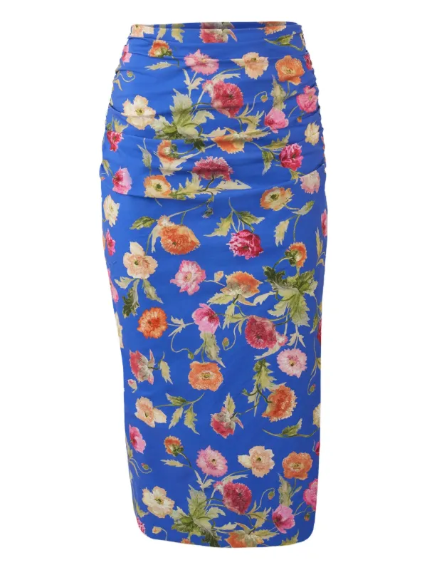 Carolina Herrera Poppy-print Ruched Midi Skirt in Blue