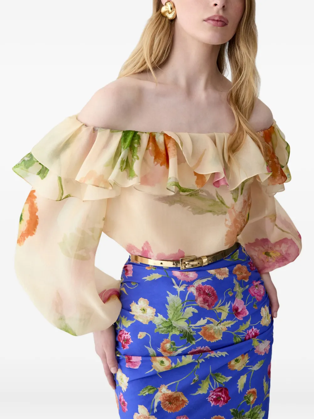 Carolina Herrera Organza top met pofmouwen en print Beige