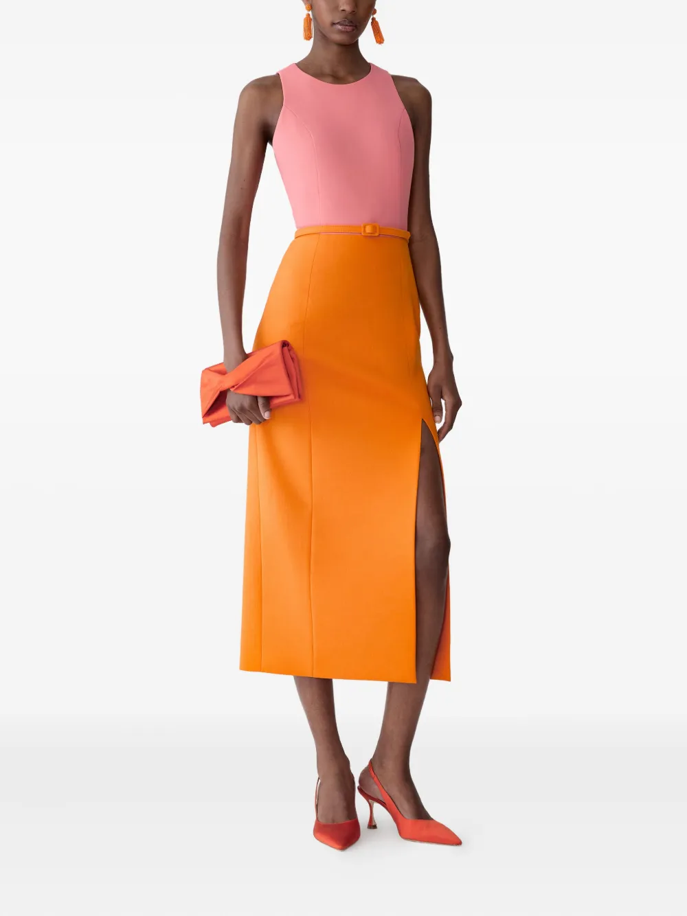 Carolina Herrera Colourblock-design Belted Midi Dress In Orange