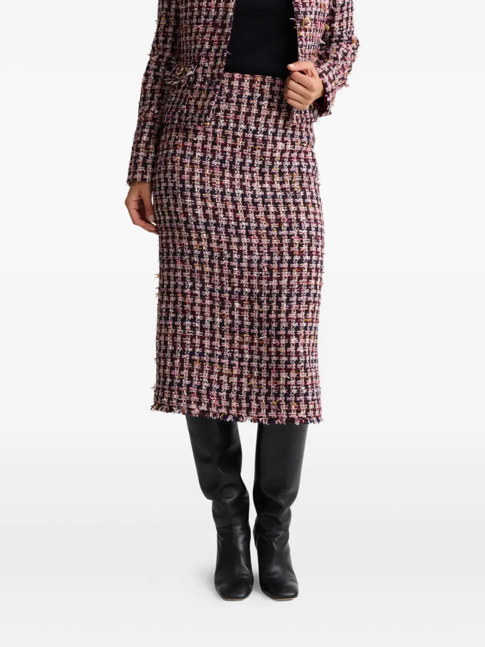  St. John Houndstooth Tweed Midi Skirt - Red 
