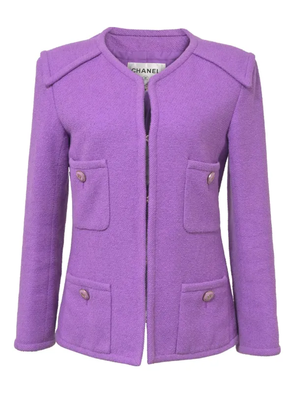 CHANEL Pre-Owned CC-button four-pocket Tweed Jacket | Purple
