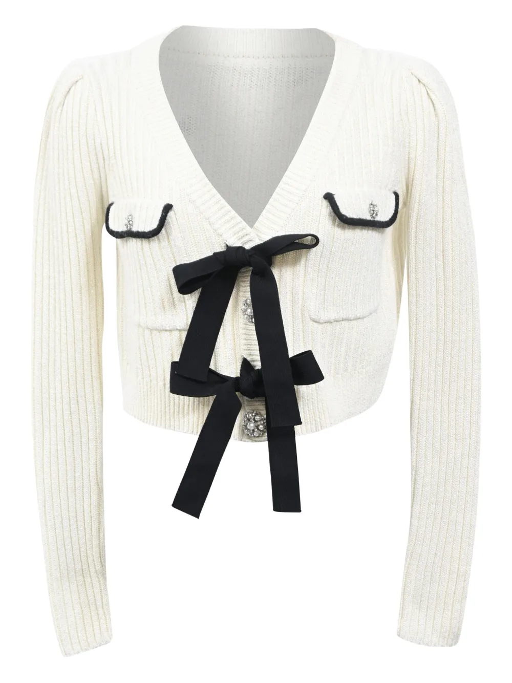 Pre-owned Self-portrait Bow-detail Pocket Cardigan In White