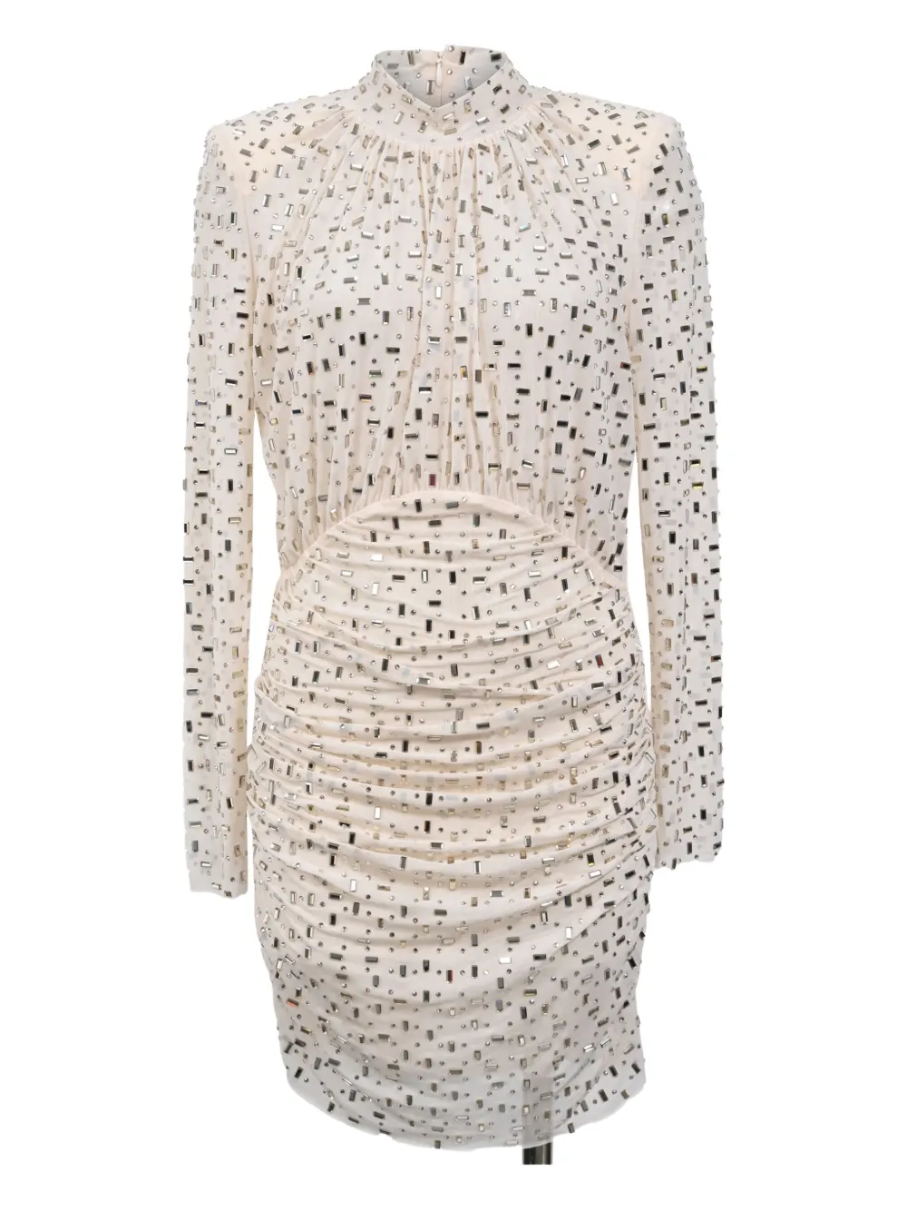 Pre-owned Self-portrait Embellished Gathered Turtleneck Mini Dress In White