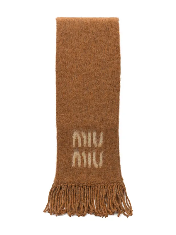 Miu Miu Fringed Logo Scarf in Brown