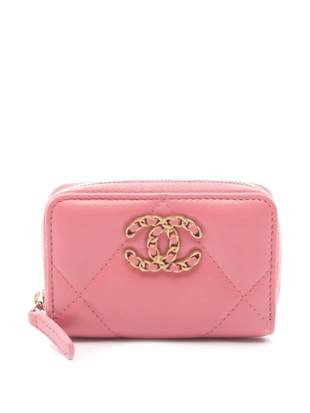 Pre-owned Chanel 2021-2025 Quilted Lambskin 19 Zip Purse Coin Pouch In Pink