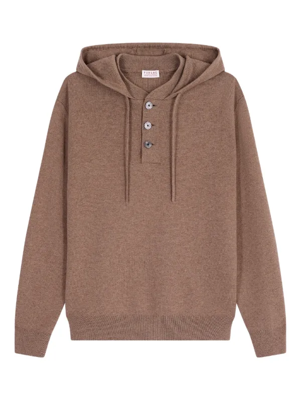 FURSAC Button-placket Knitted Hoodie in Brown