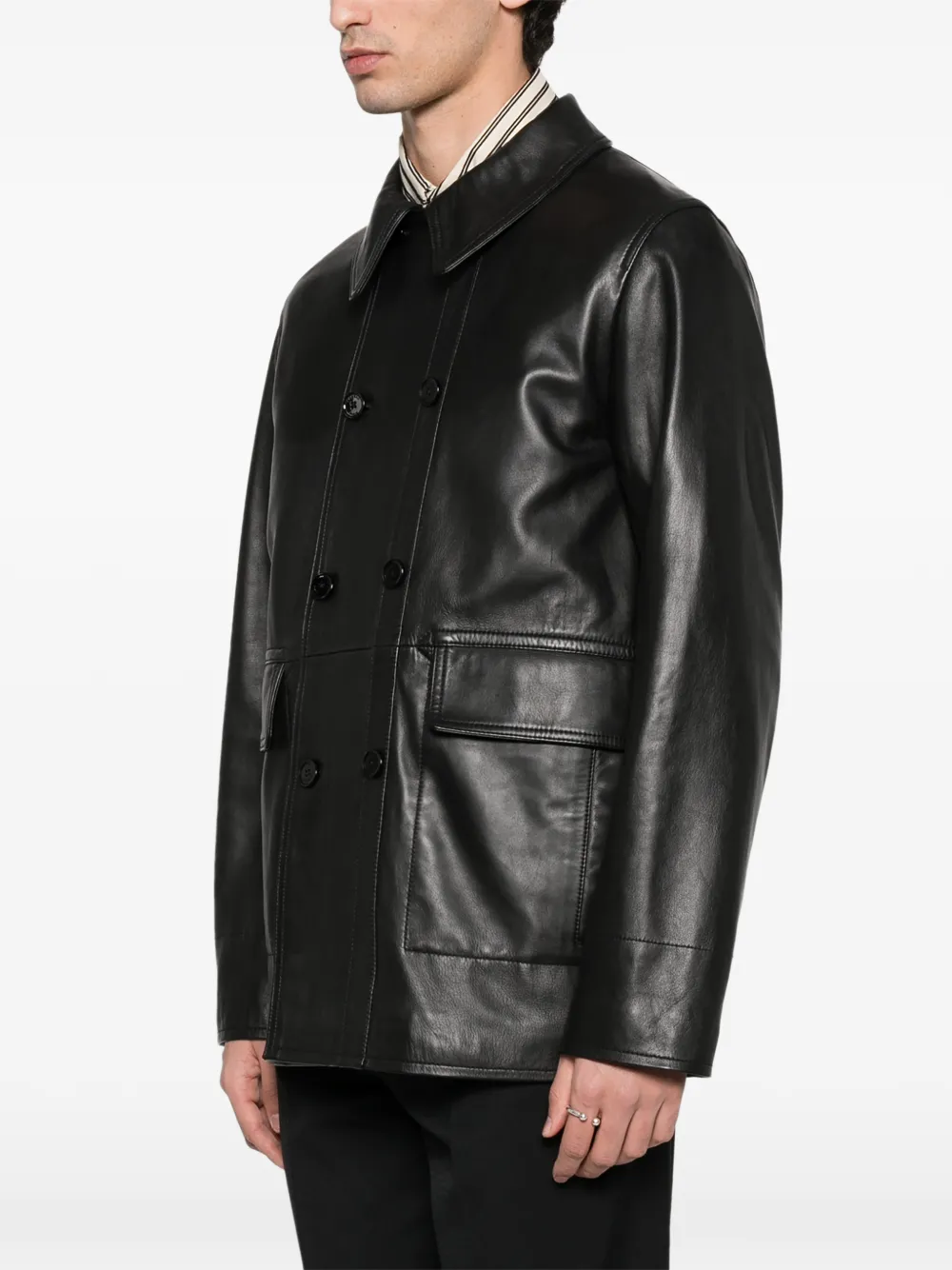 Fursac Double-breasted Leather Shirt Jacket In Black