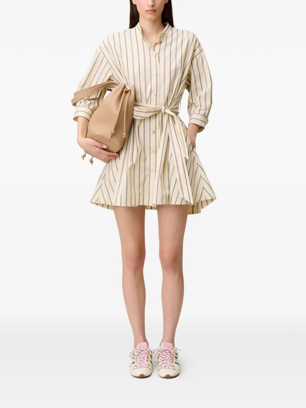 Claudie Pierlot Gestreepte mini-jurk met ceintuur - Beige