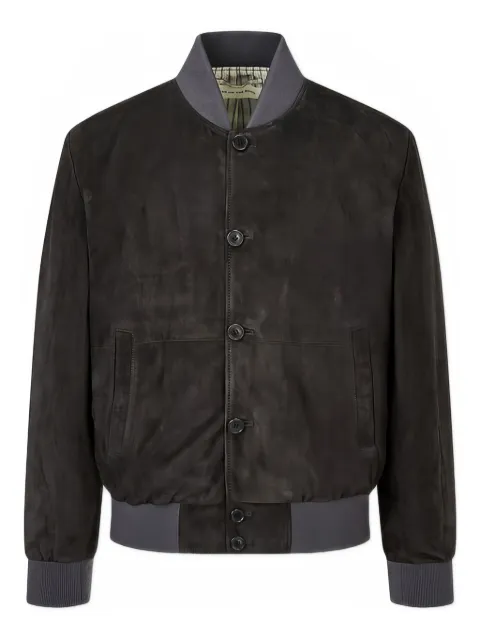Man On The Boon. button-up suede bomber jacket