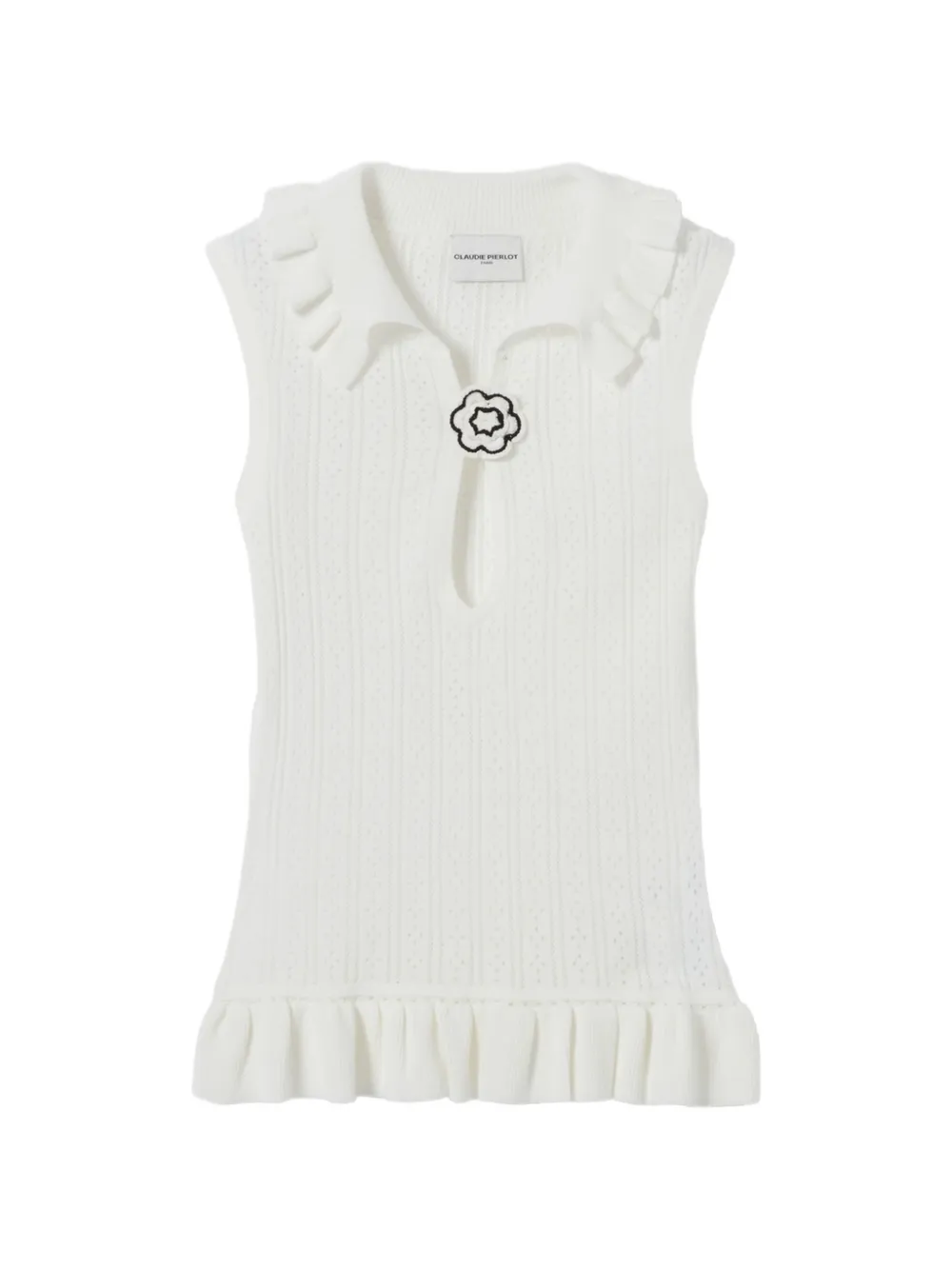 Claudie Pierlot ruffled pointelle-knit polo top - Bianco
