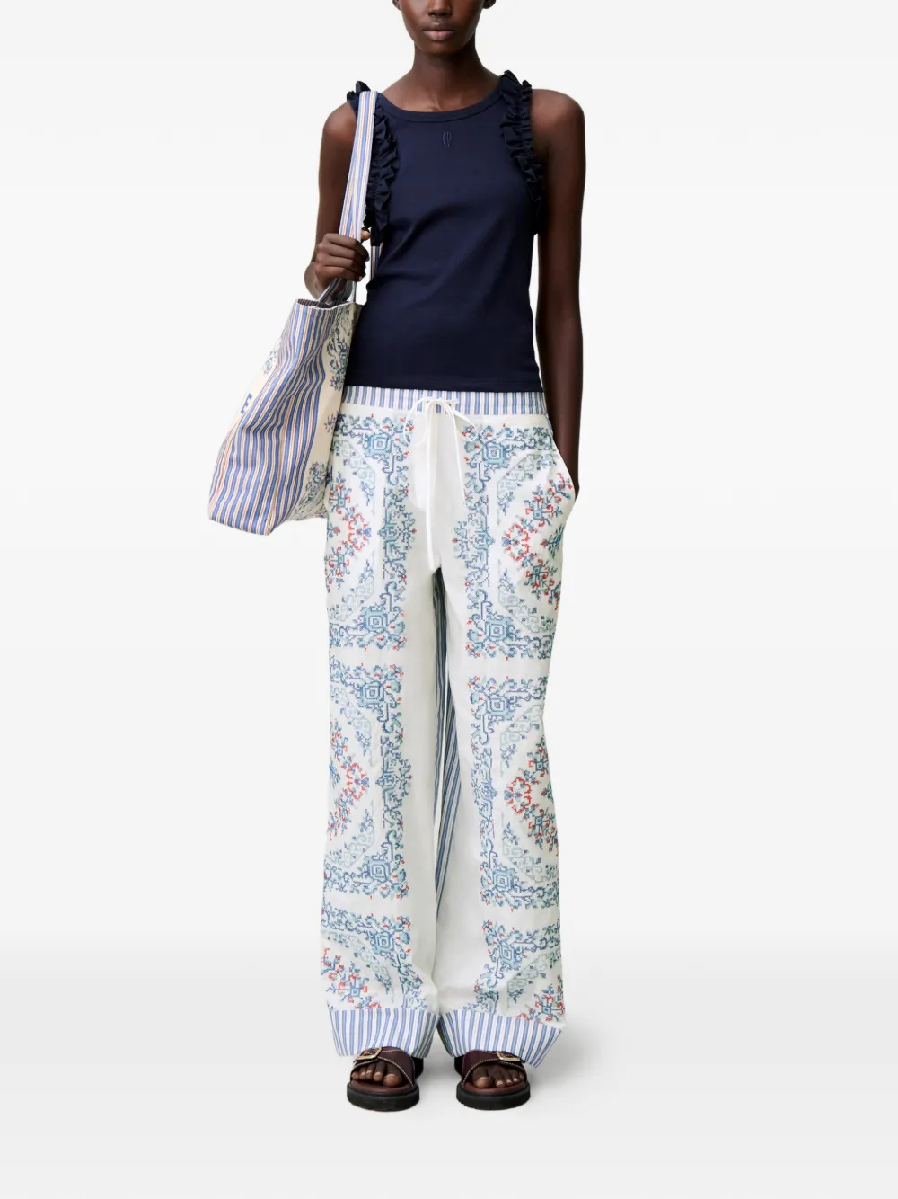 Claudie Pierlot Palazzo broek met gestreepte afwerking en borduurwerk Wit