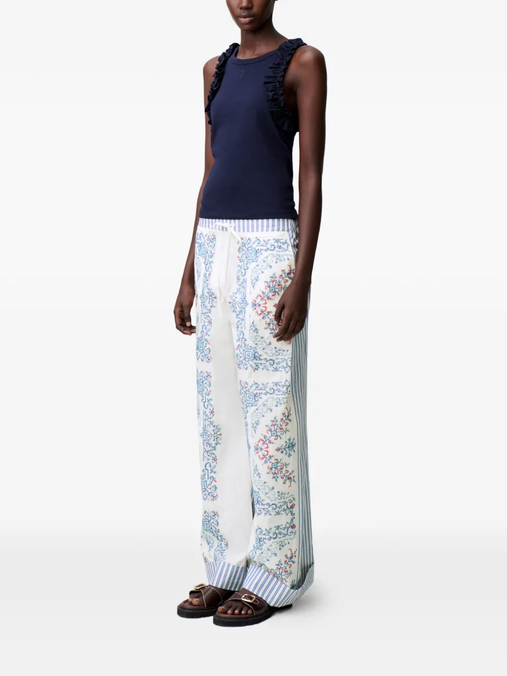 Claudie Pierlot Palazzo broek met gestreepte afwerking en borduurwerk Wit