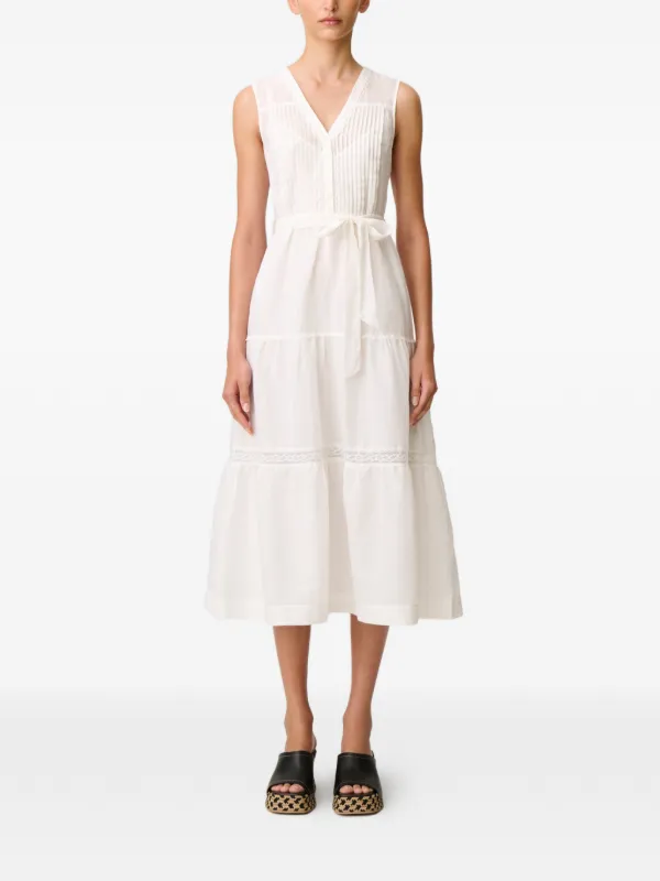Claudie Pierlot Flowy lace-trim Belted Midi Dress | White | FARFETCH