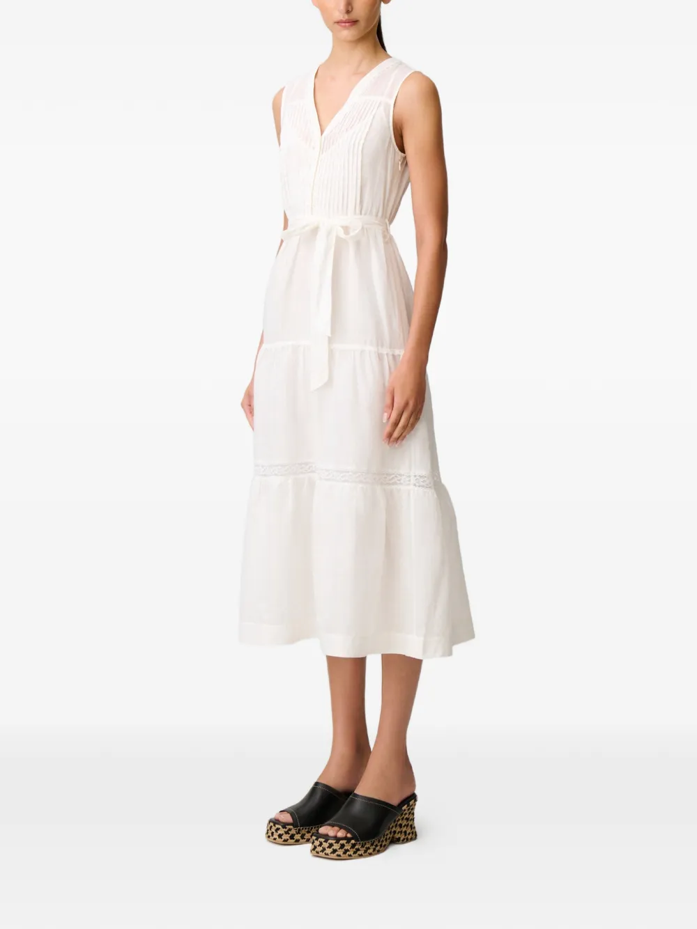 Claudie Pierlot Midi-jurk met kanten afwerking en ceintuur Wit