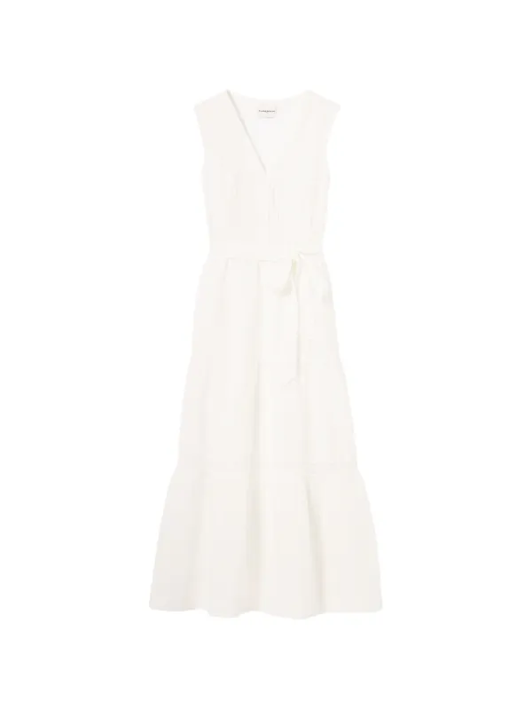 Claudie Pierlot Flowy lace-trim Belted Midi Dress | White | FARFETCH