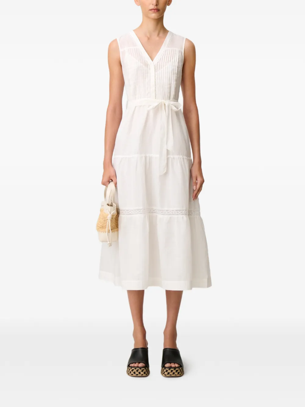 Claudie Pierlot Midi-jurk met kanten afwerking en ceintuur Wit